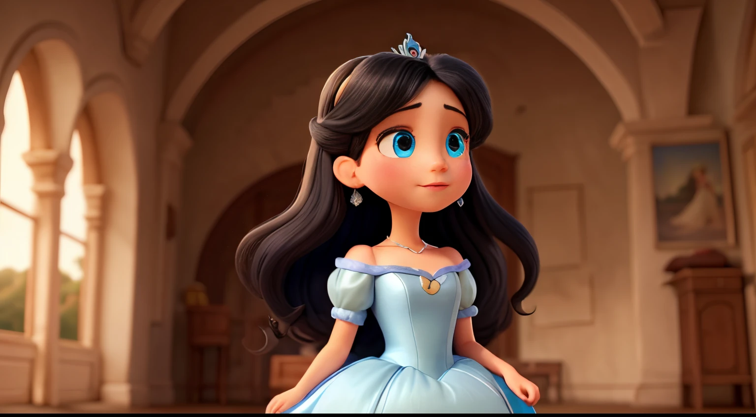 The good princess Cinderella has long black hair, blue eyes, Cinderella has a very humble, poor, old gray dress. The dress is all patched up and full of tears."