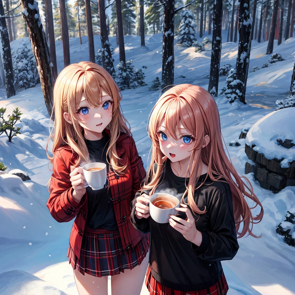 red blonde、blue eyess、one good looking girl、独奏、animesque、Plaid miniskirt、Black T-shirt、coat、the woods、Sunlight、Looks cold、Snow is piled up、drinking steaming tea