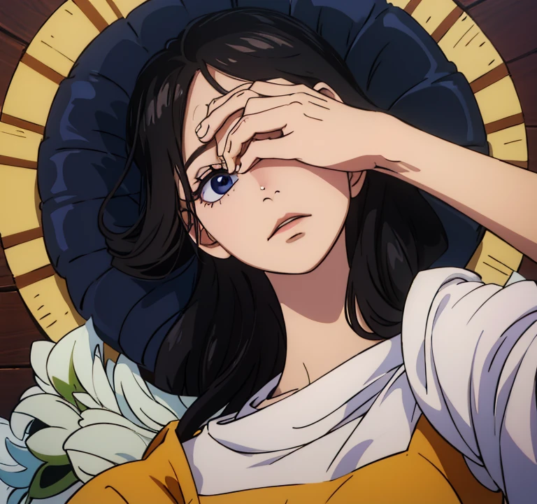 As the girl finally regained her senses, she forced her eyes open with a determined hand pressed against her head.