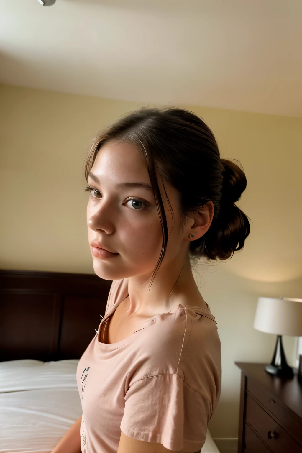 (high angle, closeup on face:1.2) selfie of CandelaGallo, she is wearing tight t-shirt , she is posing for selfie, she is wearing ascot, her hair is styled as low messy knot, BREAK she is (in the bedroom:1.1), silhouetted against the light, shot on Leica T, Leica colors, tone,shallow depth of field,vignetting, Voigtlnder Nokton 50mm f1.1 ,