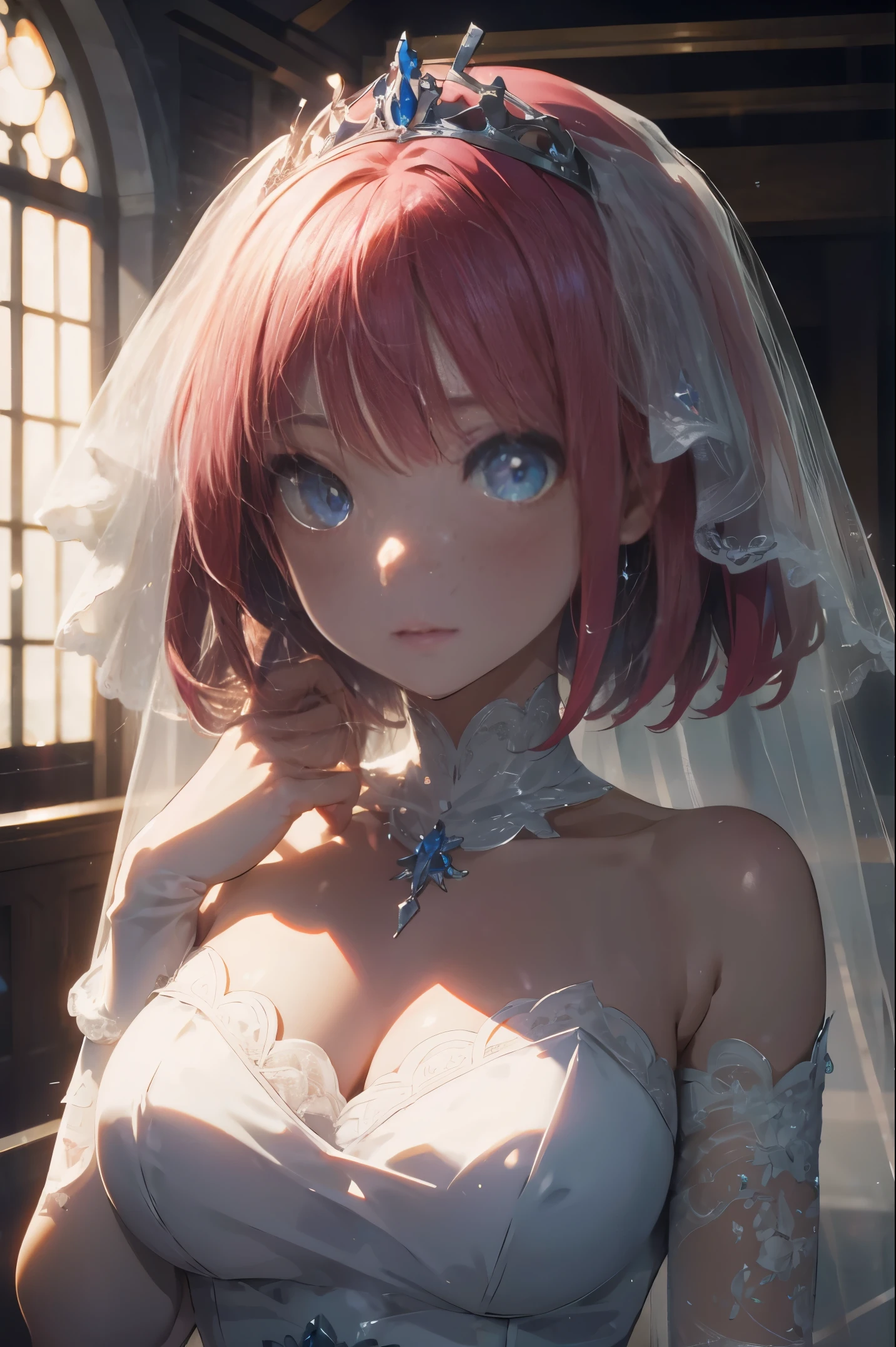 ninonakano, nino nakano, short hair, bangs, blue eyes, hair ornament, hair ribbon, pink hair, blunt bangs, two side up, butterfly hair ornament,
BREAK gloves, dress, cleavage, bare shoulders, collarbone, elbow gloves, white gloves, white dress, strapless, tiara, veil, strapless dress, wedding dress, bridal veil,
BREAK indoors, church,
BREAK looking at viewer, BREAK (masterpiece:1.2), best quality, high resolution, unity 8k wallpaper, (illustration:0.8), (beautiful detailed eyes:1.6), extremely detailed face, perfect lighting, extremely detailed CG, (perfect hands, perfect anatomy),