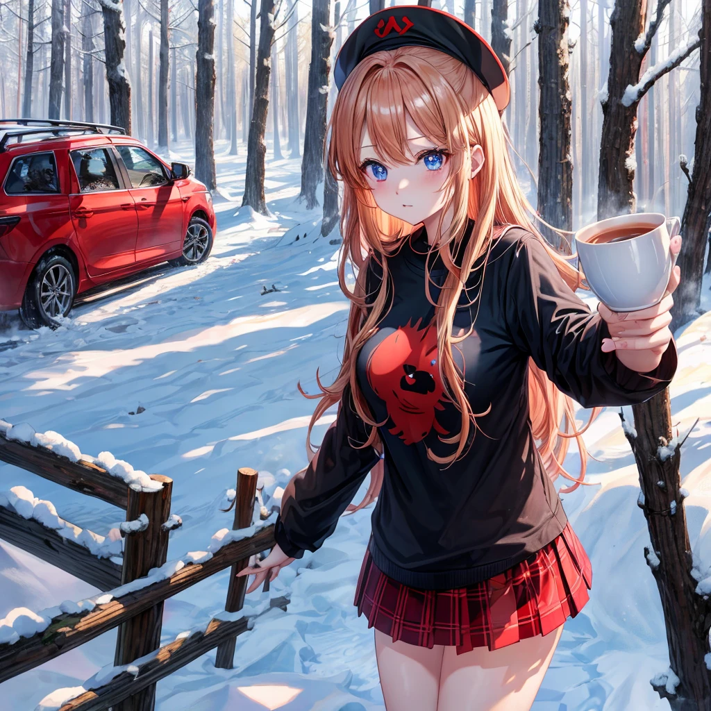 red blonde、blue eyess、one good looking girl、独奏、animesque、Plaid miniskirt、Black T-shirt、coat、the woods、Sunlight、Looks cold、Snow is piled up、drinking steaming tea、Upper Eyes