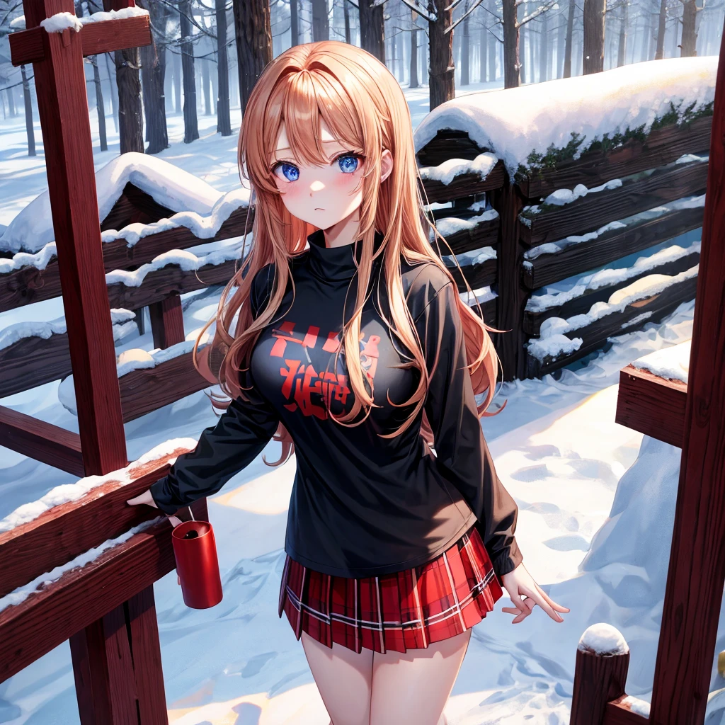 red blonde、blue eyess、one good looking girl、独奏、animesque、Plaid miniskirt、Black T-shirt、coat、the woods、Sunlight、Looks cold、Snow is piled up、drinking steaming tea、Upper Eyes