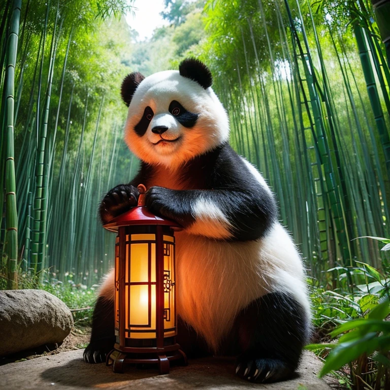 funny panda/拥有憨厚adolable眼睛的女性人类混血, EtherealBeauty, and mysterious atmosphere. Delicate and transparent fur,adolable,Holding bamboo shoots,Hierarchical mode,many color,bamboo forrest. Charming forest background and mesmerizing lights, Red lantern,Fold your hands,A panda in my arms