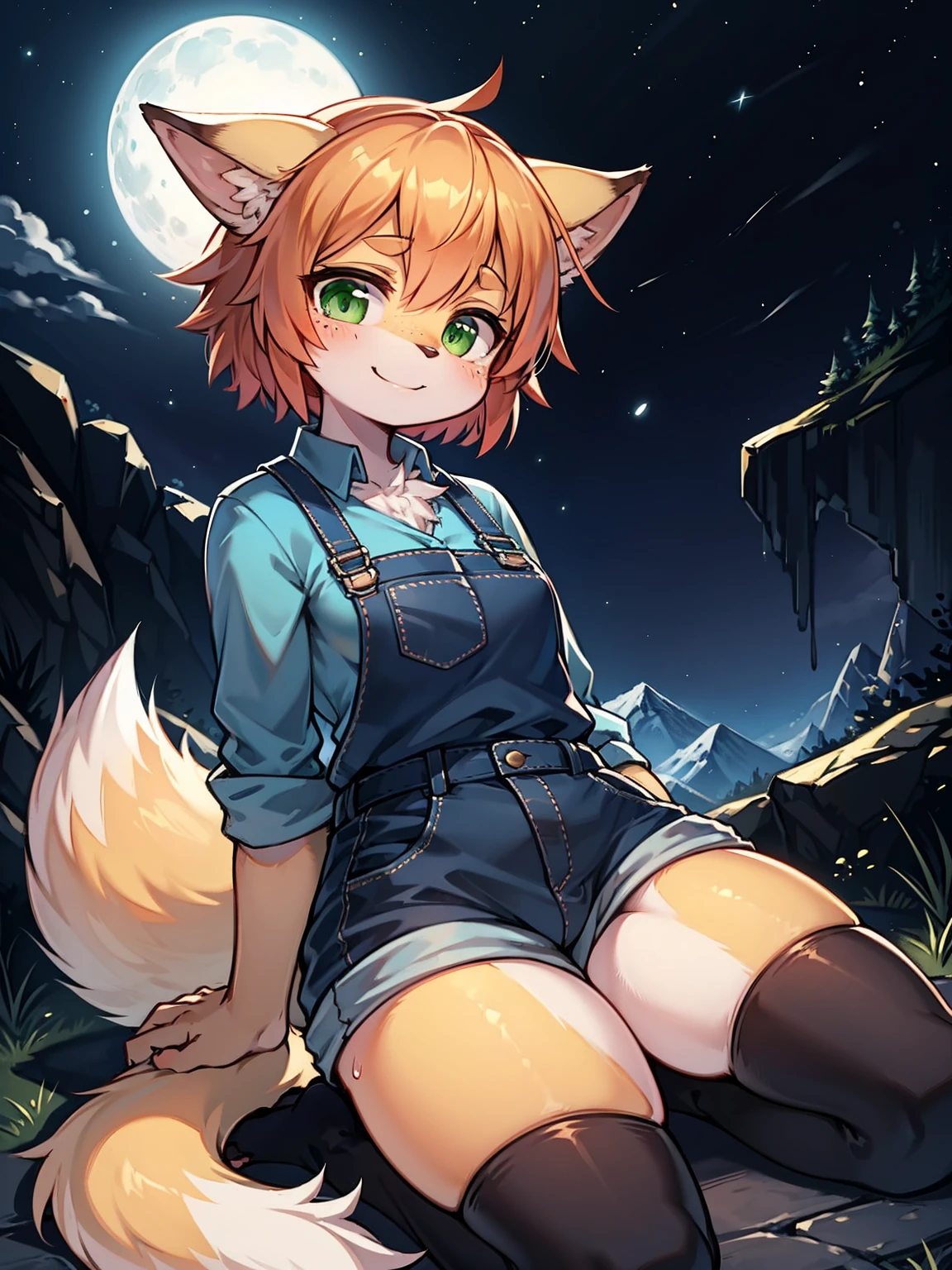 1girl, sxfrances, short hair, orange hair, green eyes, freckles, smile, red overalls, blue shirt, roll up sleeve, mountain, moon, (night:1.5), looking at viewer furry, fox, fox girl