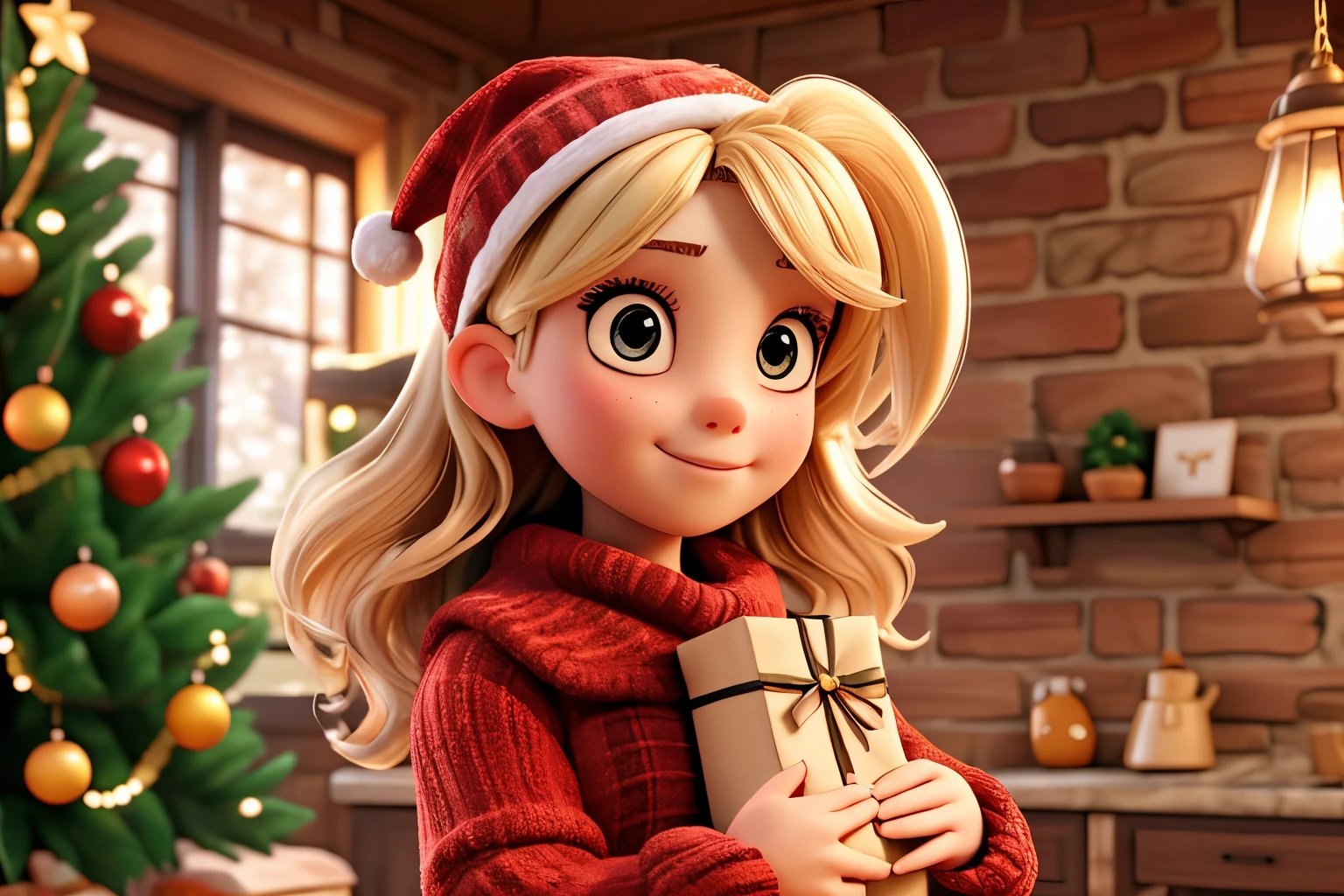 christmas:1.37 girl portrait。Holding a Christmas gift in hand, lovely digital painting, Comfortable wallpaper, Home background, Santa&#39;s workshop,