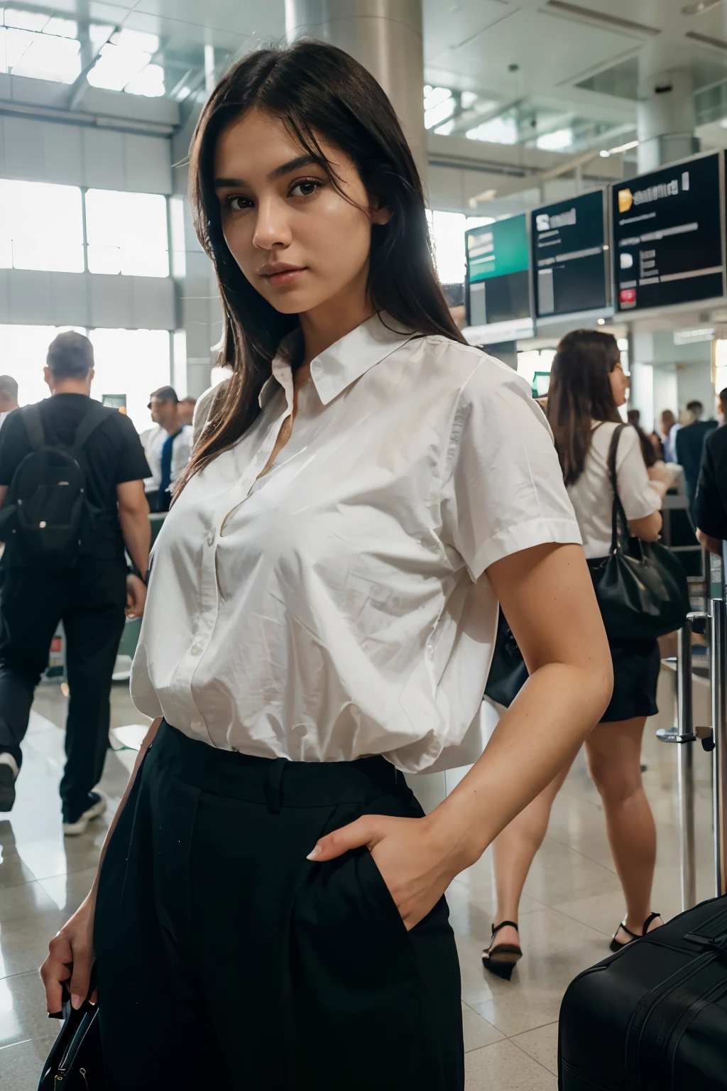 An ultra-realistic photograph captured with a Sony α7 III camera, equipped with an 85mm lens at F 1.2 aperture setting, showcasing a A 21-year-old woman, model, weighing 54 kilograms or 119 pounds, with a square face shape, black hair standing confidently in the bustling atmosphere of an airport terminal. wearing dark green Palazzo Pants. and white oversized shirt. The background is a blend of architectural lines, bustling travelers, and large windows revealing aircraft on the tarmac. Soft airport lighting bathes the scene, adding a modern and dynamic touch. The image, shot in high resolution with a 16:9 aspect ratio, captures the subject’s strength and elegance amidst the travel hustle with stunning realism –ar 16:9 –v 5.2 –style dynamic.