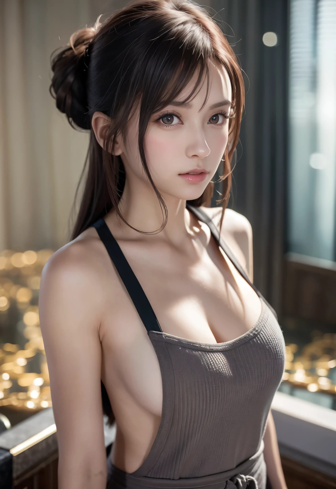 8K, of the highest quality, masutepiece:1.2), (Realistic, Photorealsitic:1.37), of the highest quality, masutepiece, Beautiful young woman, Pensive expression, Gentle eyes, Apron naked、Lovers、Hair tied back, Messy mood, Cinematic background,  Light skin tone