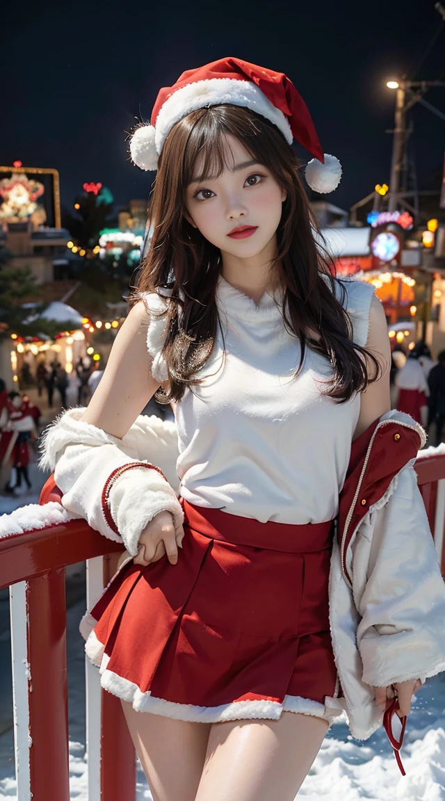 1 Japanese girl, Looking at the snow-covered amusement park, Young woman dressed as Santa Claus standing with legs apart, casada, UM MILF, maduro, enorme tiro impressionante deusa, Goddess of the Japan, o extremamente quente e sexy, poderoso e enorme, beleza de cair o queixo, Goddess of the Japan, seios muito maiores, bunda grande, ((Santa Claus miniskirt and hat costume)), (Usando:minivestido vermelho enfeitado com pele branca, Faixa preta grossa, Botas longas de couro vermelho), (Thigh visible), (lean forward and look at you), (Fireworks explode in the amusement park at night), na neve, (Background Story: Night city decorated with Christmas illuminations), Animal characters are dancing in the background, ((qualidade superior, 8k, masutepiece:1.3)), Esbian de corpo inteiro, pernas compridas, mulher bonita com forma de corpo perfeita:1.4, Abs esguio:1.1, ((Cabelos castanhos escuros、Seios colossais:1.2)), Highly detailed facial and skin texture, Um olhar detalhado, Double eyelidm, (Olhe de baixo), Do joelho ao peito, corpo esguio, sorridente, (hair messy, asymmetrical bangs, cabelos castanhos claros,)