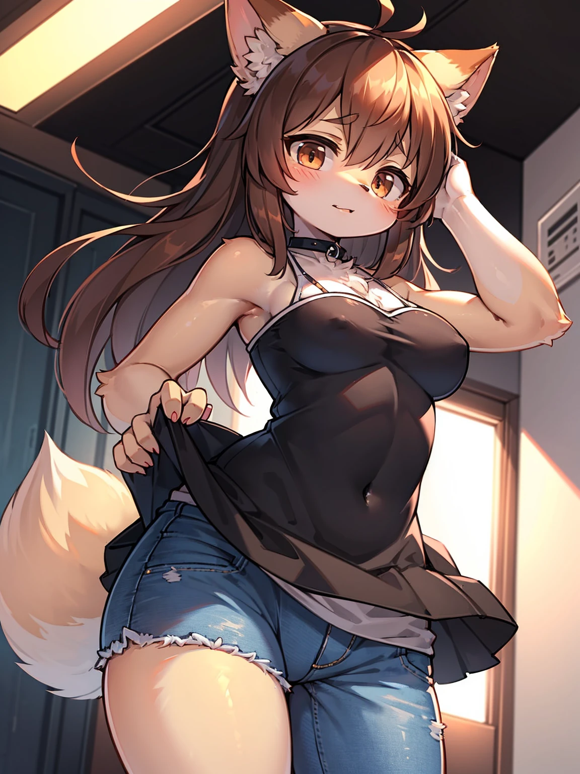 Masterpiece, Best Quality, 1 Girl, Brunette Hair, Bare Shoulders, Long Hair, Dress, Denim Shot, Dynamic Pose, Dynamic Angle, furry, fox, fox girl