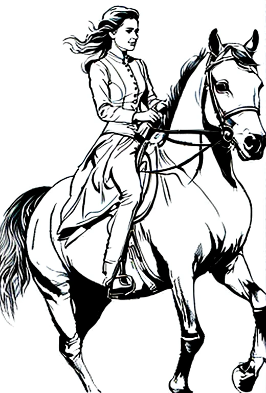 line drawing of a lady on a horse, styled as a pre-coloring book illustration