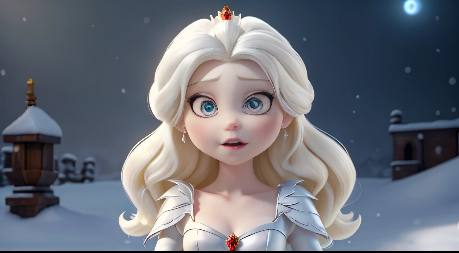 The Snow Queen has a complexion as white as a pearl, blonde hair, and demon-like eyes. She wears a red dress adorned with many jewels. The Snow Queen has a wicked gaze; she is angry like a devil.