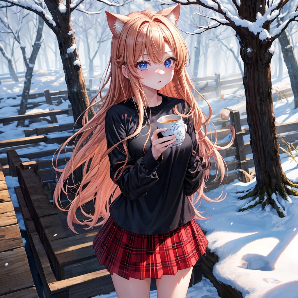 red blonde、blue eyess、one good looking girl、独奏、animesque、Plaid miniskirt、Black T-shirt、coat、the woods、Sunlight、Looks cold、Snow is piled up、drinking steaming tea、Upper Eyes