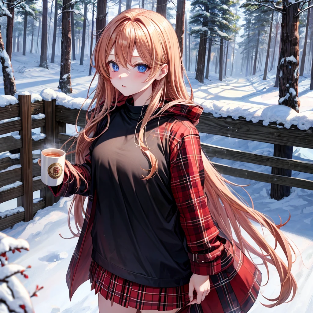 red blonde、blue eyess、one good looking girl、独奏、animesque、Plaid miniskirt、Black T-shirt、coat、the woods、Sunlight、Looks cold、Snow is piled up、drinking steaming tea、Upper Eyes