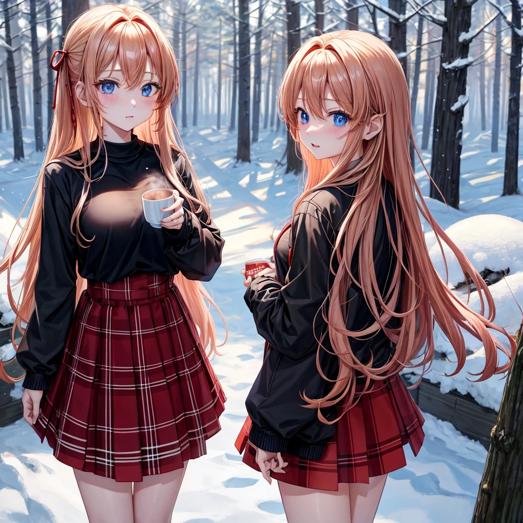 red blonde、blue eyess、one good looking girl、独奏、animesque、Plaid miniskirt、Black T-shirt、coat、the woods、Sunlight、Looks cold、Snow is piled up、drinking steaming tea、Upper Eyes