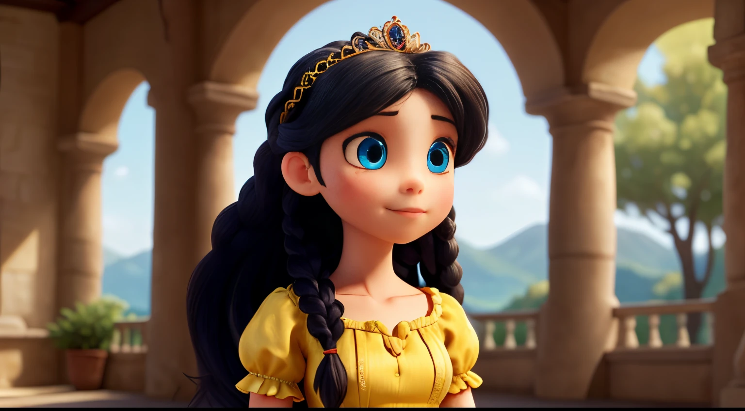 "The good princess has long black hair, blue eyes, fair skin, and wears a very modest yellow dress. She has two braids that cascade down to her shoulders, and the dress is made of tattered rags."