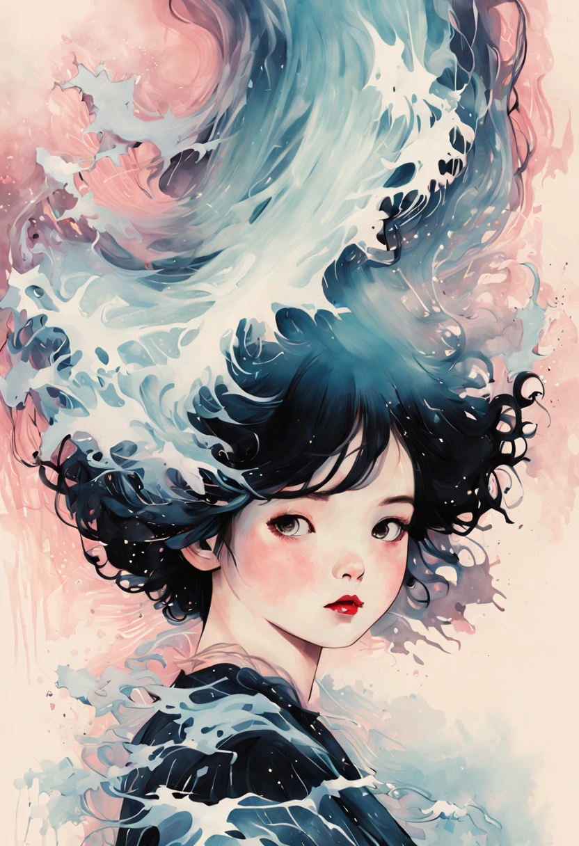 chiaroscuro technique on  illustration of an elegant girl, loli wet hair, vintage, eerie, matte painting, by Hannah Dale, by Harumi Hironaka, extremely soft colors, vibrant, highly detailed, digital illustrations , high contrast, dramatic, refined, tonal, facial expression