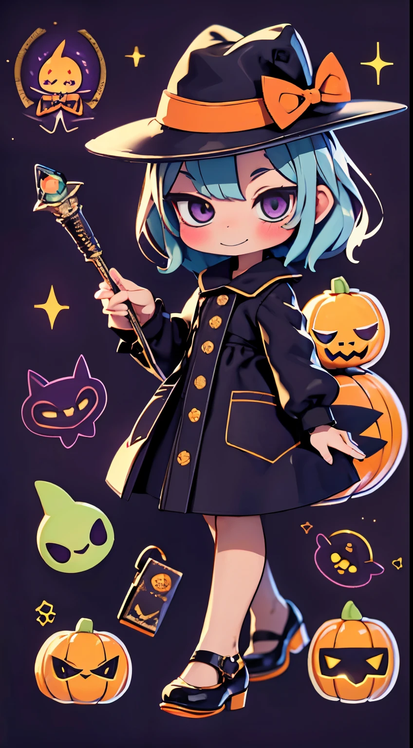 Cute Halloween Theme、full body Esbian、A smile、 The Wand and the Magic Book、Glamorous Hat、Halloween Accessories、Draw clothes buttons and pockets in a Halloween style、Cute shoes、sit a chair、bio luminescent、radiant light