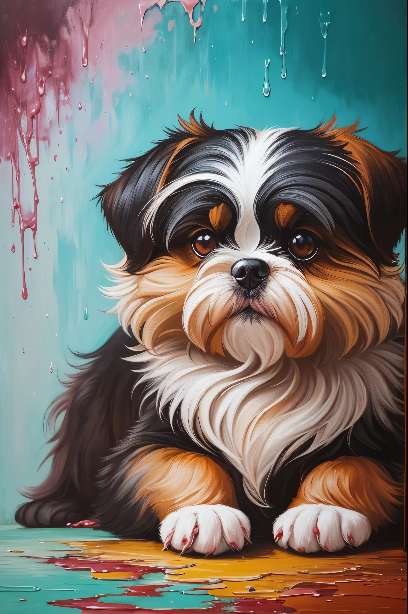 Shih Tzu, dripping rain paint, thick paint Detailed oil painting, palette knife painting, detailed impasto, --auto --s2