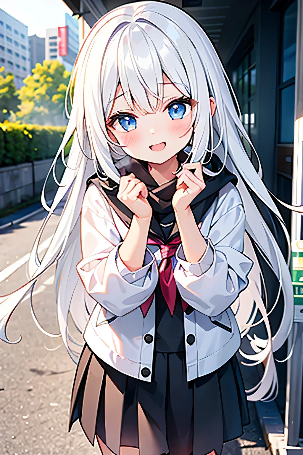 one-girl，Long white hair，Highlight the topic，On the street，ssmile，There is a slight flush on the cheeks，Shawl emanation，at class room，Highlight people