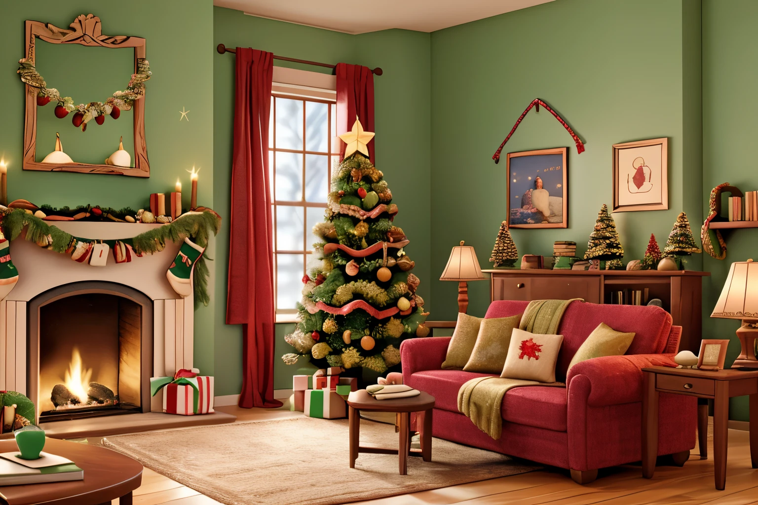 (best quality,highres,ultra-detailed,realistic:1.37),A girl writing a letter to Santa Claus,Christmas theme,decorated Christmas tree,presents under the tree,magical glow,happy atmosphere,warm fireplace,cosy living room,snowflakes falling outside,the girl's excited expression,holiday spirit,parent's handwriting on the letter,flickering candles,red and green decorations,jingle bells,sparkling ornaments,delicate snow-covered branches,holy mistletoe,stockings hanging by the fireplace,crisp winter air,festive music playing in the background,joyful anticipation,happiness and love filling the room
