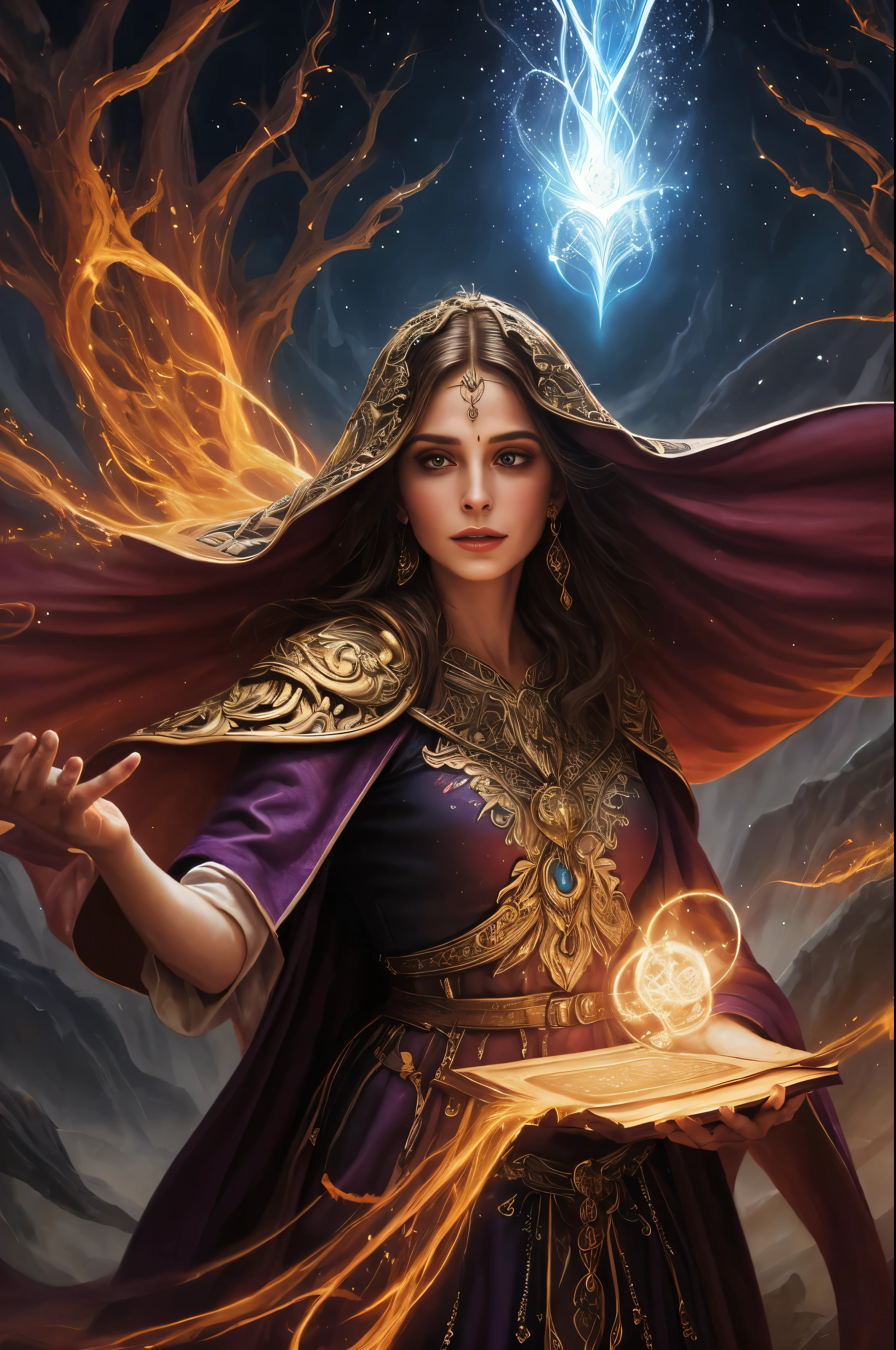 In a fascinatingly bright gouache painting, the artfully crafted scene depicts a mesmerizing spell of zealous magic. Against a background of unearthly shades, mage, dressed in luxurious clothes, fervently repeats ancient words. The image exudes a palpable aura of strength and devotion., with spell books, decorated with golden symbols and finely scattered shimmering crystals.. Each brush stroke flawlessly conveys the intensity of the spell.., immersing the viewer in the ardent passion and indomitable energy of the sorcerer.