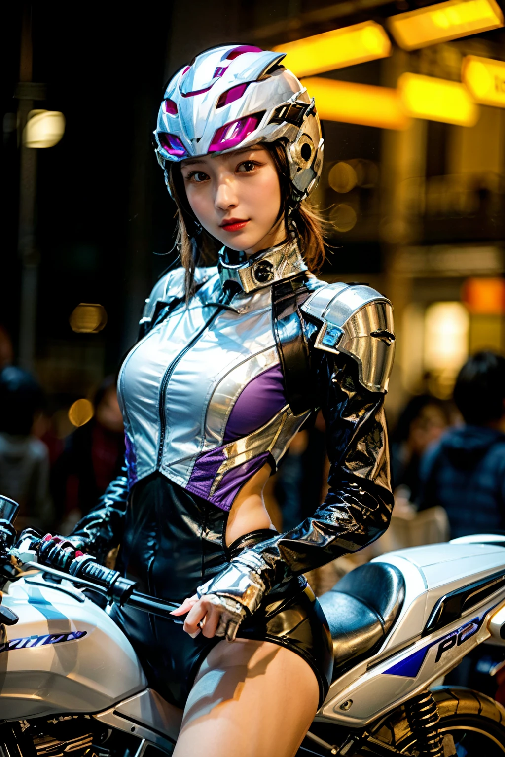 ((best quality)), ((masterpiece)), ((perfect face))、（(detailed motorcycle)）、Detailed and clear photos、((Cyborg Woman))、((Purple long sleeve riding jacket and leather pants))、((riding a motorcycle))、((cybernetics))、slender body、((Woman with mechanical body))、communication headset、(((steel fingers)))、(((The body is mechanized)))、full body shot、The background is a futuristic city、smile、((joints are gears))