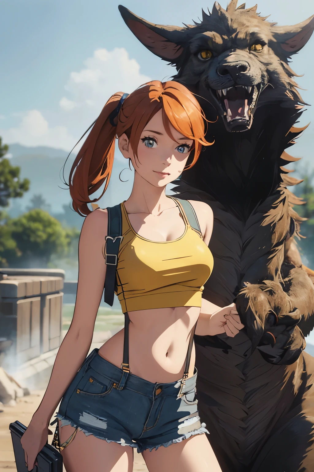 The centerpiece of the image is Misty from Pokémon, standing outdoors with a confident smile. Orange hair styled in a side ponytail, wearing denim shorts with suspenders, yellow crop top that shows off her midriff and navel. Yellow tank top. Cowboy shot posture exudes confidence and strength.
Misty is accompanied by a cute Dragon.
Overall, the image is a masterpiece, with high-quality details and a realistic rendering of Misty, her outfit, and her companion dragon. The colors are vivid and eye-catching, and the image is high-resolution, capturing every nuance of Misty's confident and adventurous spirit.