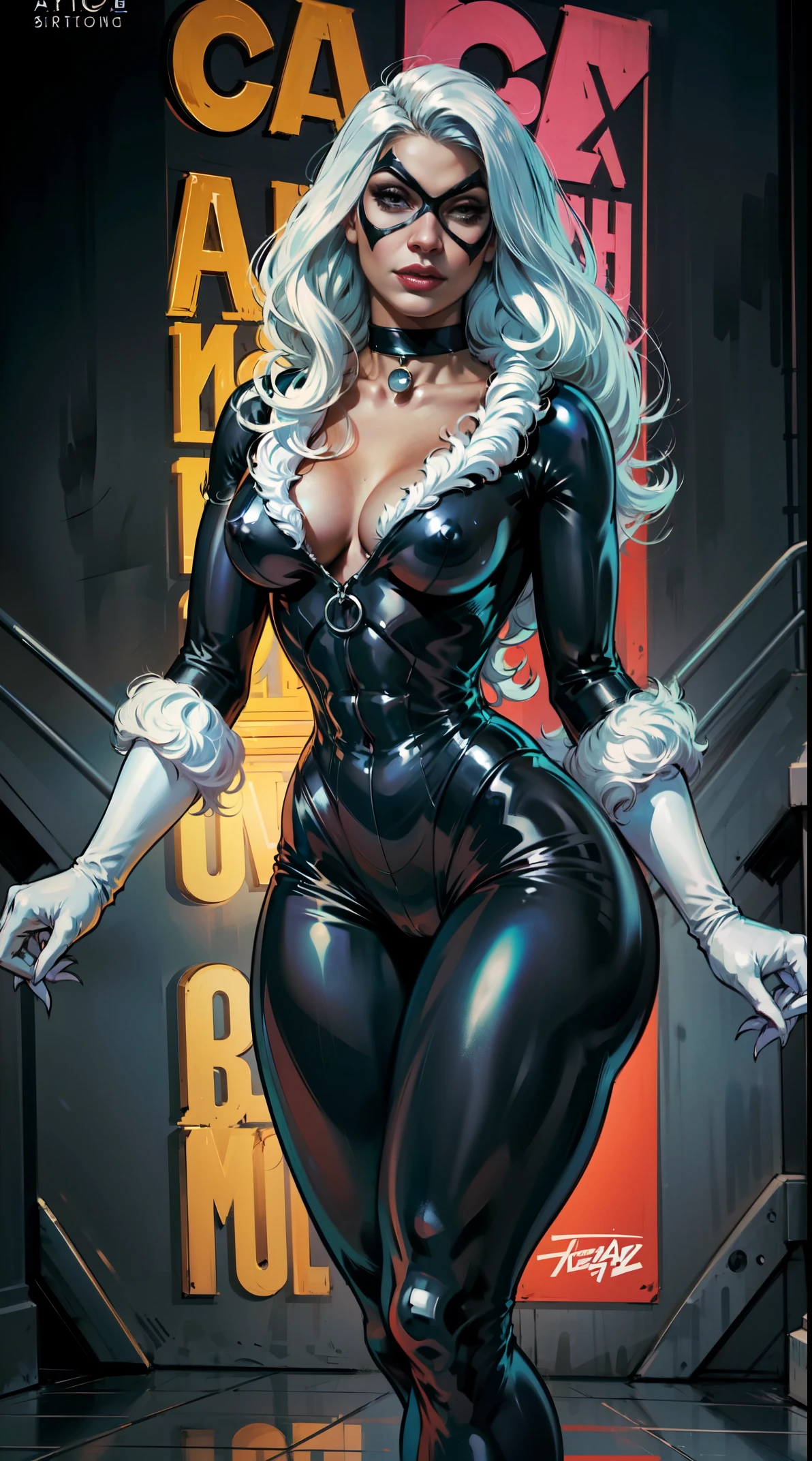 1girl, hyper realistic, hyper intrincate detailed,in toon anime mix, digital art, (Felicia Black_Cat:1.) (cartoon character), cowboy shoot, full body, detailed background, stunning body, shaped latex custom attire, black cat attire, thick clothes, black latex, curvy muscular body. Full body cinematic poster cartel by DC comic cover comics by Artgerm Lau art by Artgerm cover comic by 90s artgerm art cover to DC comics