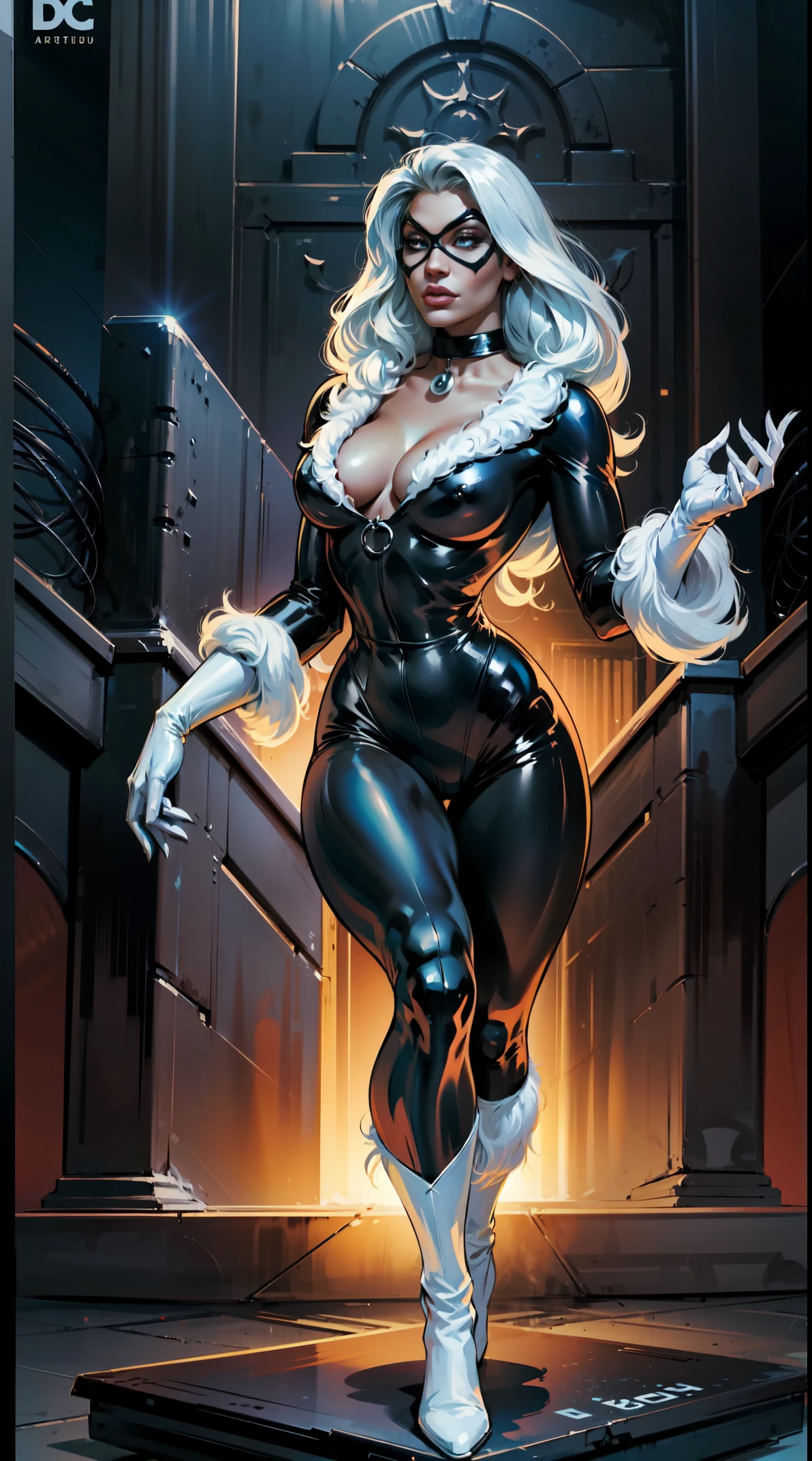 1girl, hyper realistic, hyper intrincate detailed,in toon anime mix, digital art, (Felicia Black_Cat:1.) (cartoon character), cowboy shoot, full body, detailed background, stunning body, shaped latex custom attire, black cat attire, thick clothes, black latex, curvy muscular body. Full body cinematic poster cartel by DC comic cover comics by Artgerm Lau art by Artgerm cover comic by 90s artgerm art cover to DC comics