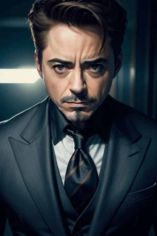 Robert Downey Jr. cara de raiva, em desgaste formal, retrato, Meio Corpo