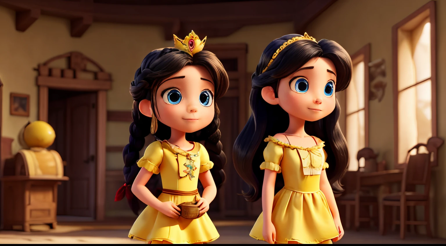 The good princess has long black hair, blue eyes, fair skin, and two braids cascading down to her shoulders. She wears a yellow dress made of torn and stitched-together pieces of other garments. A little bird perches on the princess's shoulder