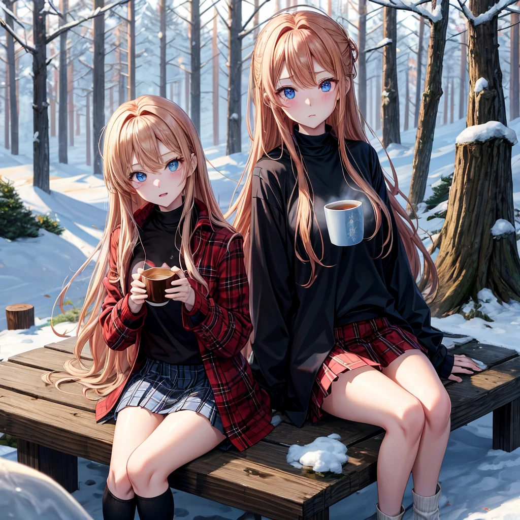 red blonde、blue eyess、one good looking girl、独奏、animesque、Plaid miniskirt、Black T-shirt、coat、the woods、Sunlight、Looks cold、Snow is piled up、drinking steaming tea、Upper Eyes、sitting on