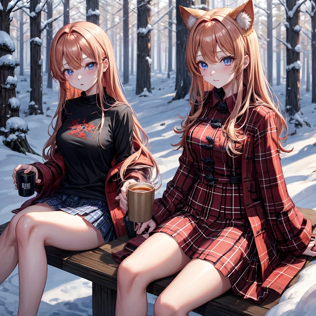 red blonde、blue eyess、one good looking girl、独奏、animesque、Plaid miniskirt、Black T-shirt、coat、the woods、Sunlight、Looks cold、Snow is piled up、drinking steaming tea、Upper Eyes、sitting on