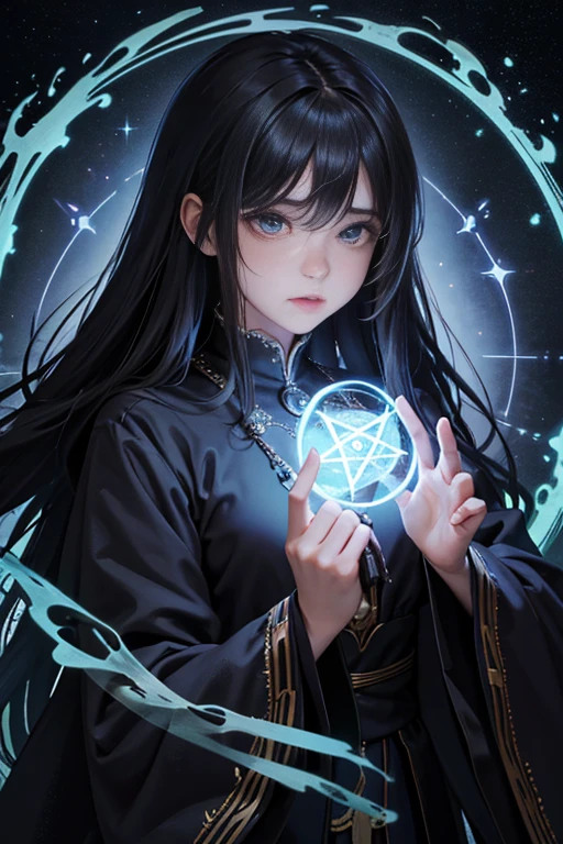 Above the rising clouds,Night, Dark, (Fantasy),infinite,deep blue sky,The abyss of knowledge,Cowledge,((masutepiece)), (((Best Quality))),((Beautiful fine eyes)),(Eye lashes)、Realistic clouds、Very beautiful face、The ultra -The high-definition、high fantasy castle、Beautiful girl with a huge golem、(女の子1人)、Black hair、The long-haired、abyss eyes、glowy skin、oils、small tits、Perfect human body structure、Wizard robes、der riese、tattered cloth、Realistic coat、Teenchi、Super delicate CG Unity 32k wallpaper、photoRealstic、​masterpiece, ((ultra-detailliert)), ((illustratio)),colourfull,wall-paper,The energy,Unknown terror,Incomprehensible,Around the magic,Magical surroundings,magic wands,Boken,Flying pages,Know everything,Predict the future、Get to know the past、Infinite wisdom、blue flames、Warlock、magic circles、Pentagram、Spells、mantra、Singing magic