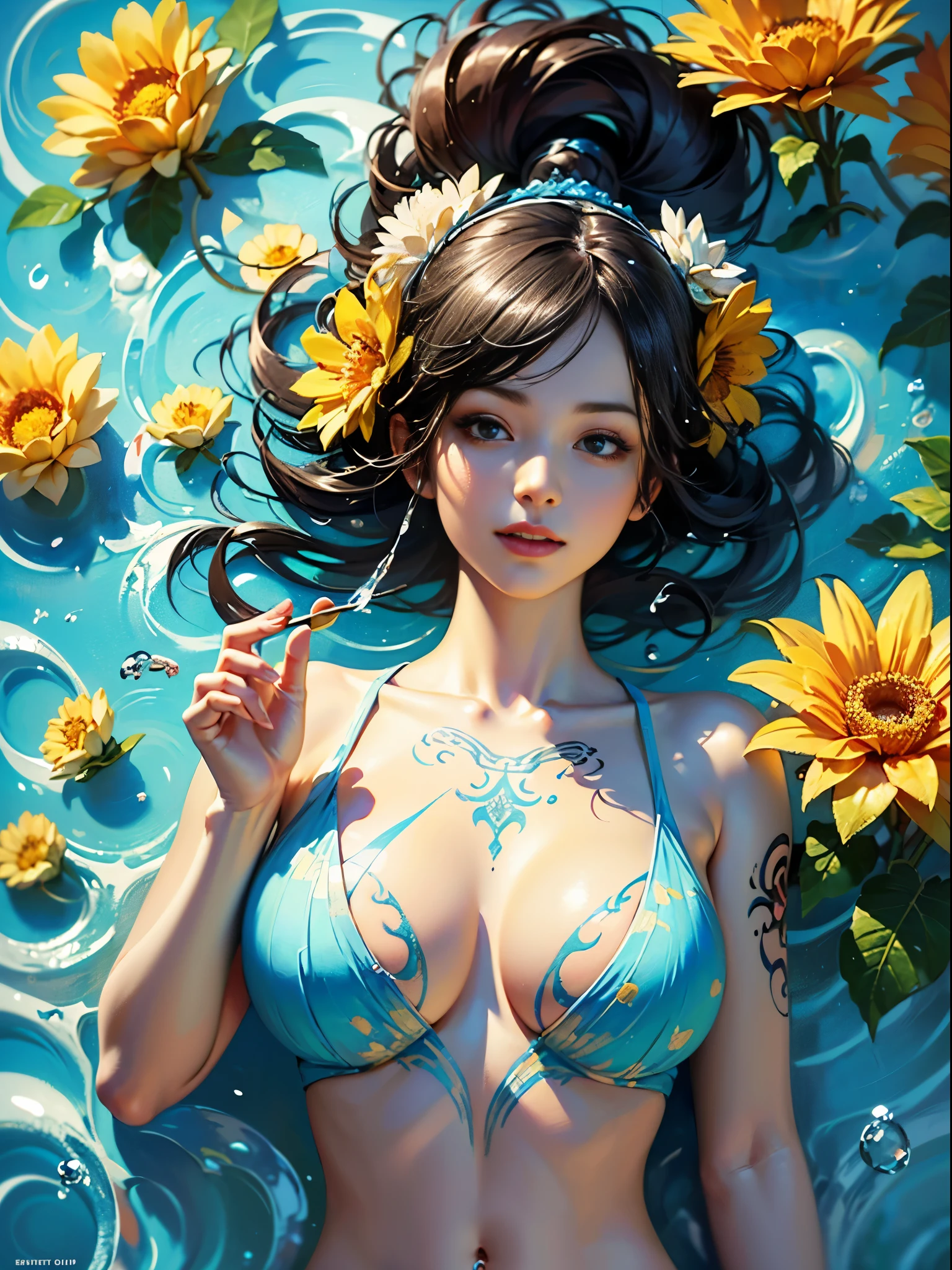 (RAW photo, best quality), (realistic, photo-realistic:1.3), masterpiece, an extremely delicate and beautiful, extremely detailed, CG, unity , 2k wallpaper, Amazing, finely detail, light smile, extremely detailed CG unity 8k wallpaper, huge filesize, ultra-detailed, highres, absurdres, soft light, beautiful detailed girl, detailed fingers, extremely detailed eyes and face, beautiful detailed nose, beautiful detailed eyes, long eyelashes, light on face, (oil painting:1.5), 1girl, feature, pureerosface_v1, Ambilight, slender waist, (Lying:1.2), (blue tattoo, Paint poured on the body:1.3), fingernails, (splash, brushwork:1.5), background, double exposure, fussion of fluid abstract art,(original illustration composition),( fusion of limited color, maximalism artstyle, geometric artstyle), Flowers
