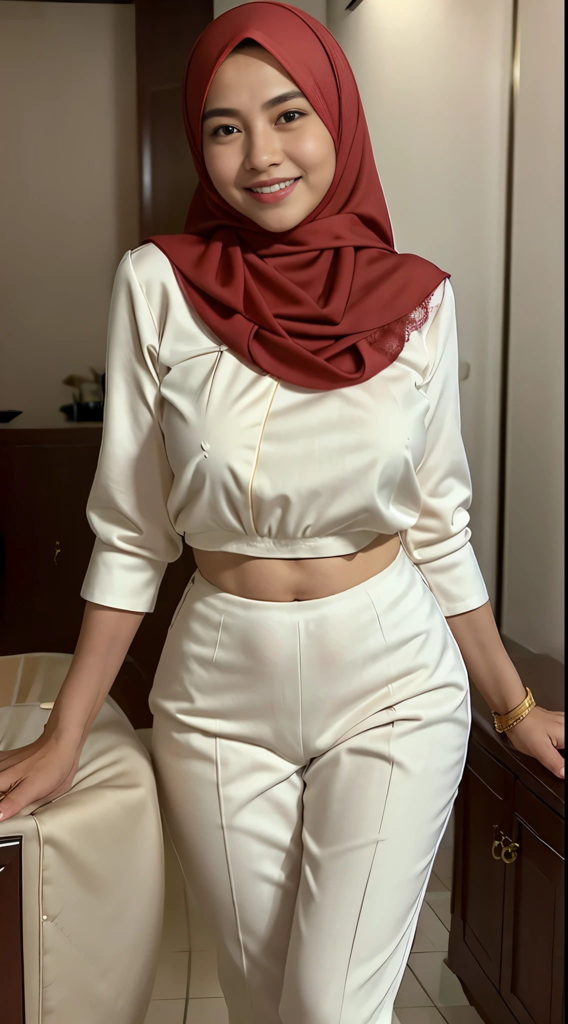 Malay girl long red hijab , wear white lace bra and white high waist pants, suits, smiling, wear big gold necklace chain, front view, windy, detail skin, age spot, detail skin texture, mole below eyes, wide hips, thick thighs, beautiful body, morning, laughing, happy, bright lighting, people in background, nighttime, blur background, bokeh, location: kuala lumpur city street