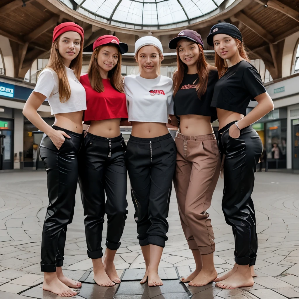 14 year old German girl with red hair, kauft im Einkaufszentrum ein, wearing a crop shirt, Sie haben einen Sixpack, Flacher Bauch, beste Quality, Meisterwerk, 16k, oversized baggy pants, bare feet, She wears a hat on her head, She's beautiful, schmales Gesicht, whole body can be seen, bare feet, Gehen, multiple girls, Gruppe, freundinnen, verschiedene kurze Outfits, lachen, Viel Spass, Sprunghaus, full body view,