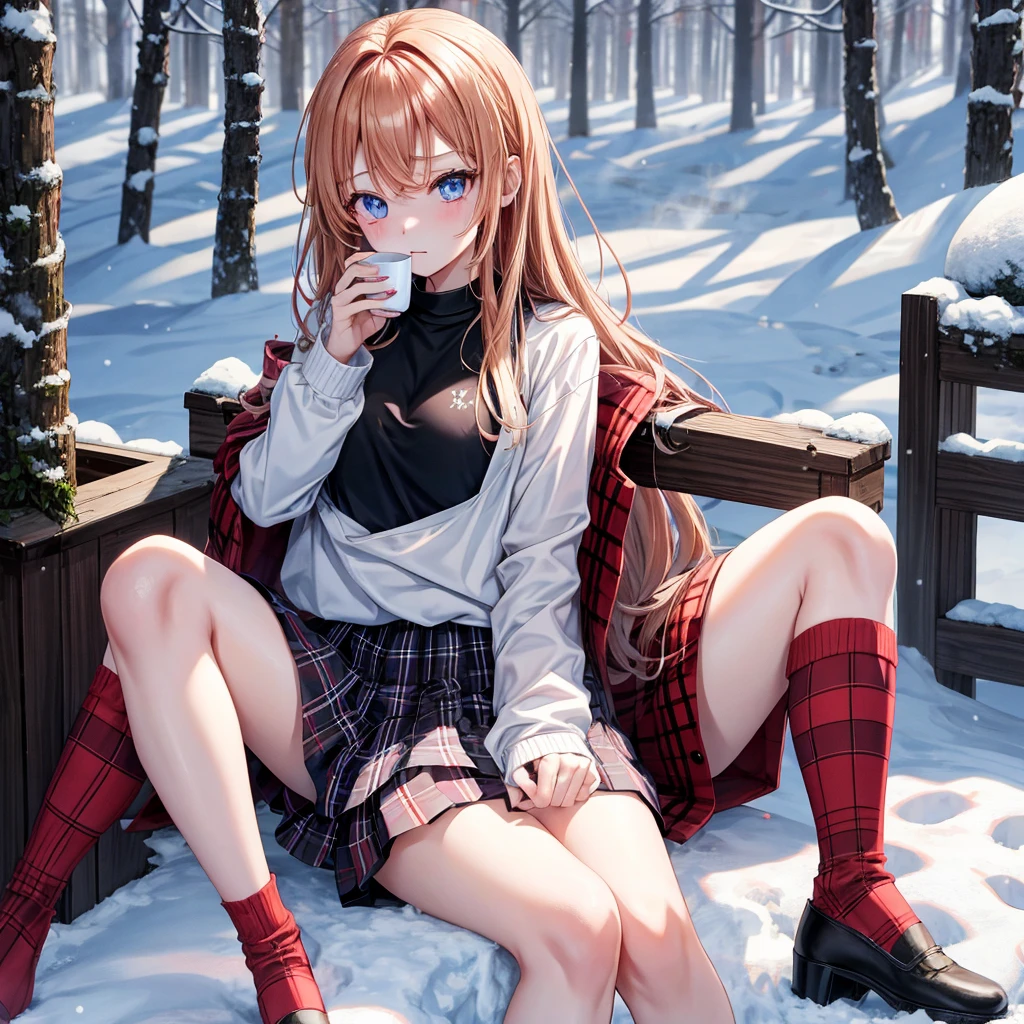 red blonde、blue eyess、one good looking girl、独奏、animesque、Plaid miniskirt、Black T-shirt、coat、the woods、Sunlight、Looks cold、Snow is piled up、drinking steaming tea、Upper Eyes、sitting on、kicking snow