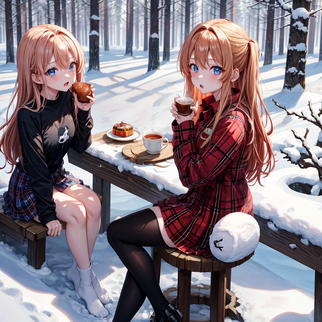 red blonde、blue eyess、one good looking girl、独奏、animesque、Plaid miniskirt、Black T-shirt、coat、the woods、Sunlight、Looks cold、Snow is piled up、drinking steaming tea、Upper Eyes、sitting on、kicking snow