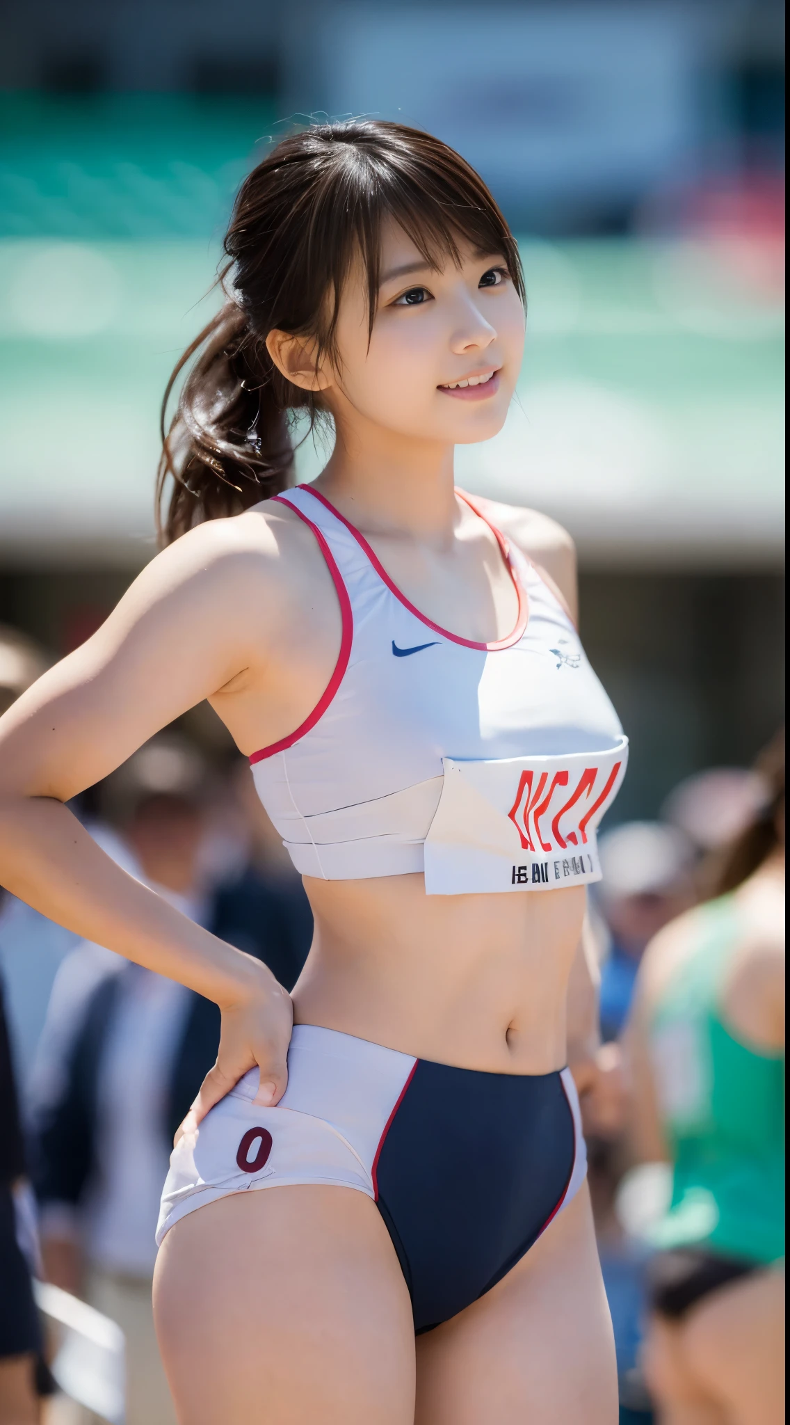 perfect beautiful female、(Look away、Delighted、wave her hand、White breath:1.4)、mouth opens slightly.、1girl in、（track and field:1.5）、track and field場、Snow is piled up、It's snowing、10 talents、Brown eyes、real looking skin、highlydetailed skin、（small tits:1.7）、（My abdominal muscles are so tight that they crack、Athlete body shape:1.3）、Colorful sportswear、bright sportswear、A dark-haired、Straight hair、bangss、（ponytail in high position:1.3）、dynamic ungle、clean legs、Raw photography、top-quality、hight resolution、(​masterpiece)、(Photorealsitic:1.4)、professional photograpy、NSFW、foco nítido、Back lighting、（chromatic abberation:1.3）、nffsw、8K分辨率、intricate detailes、Detailed eyes、Ultra High Definition Eyes、physically-based renderingt、8k wallpaper、lensflare、Professional Writing、ultra wide-angle、wide angle photograph、