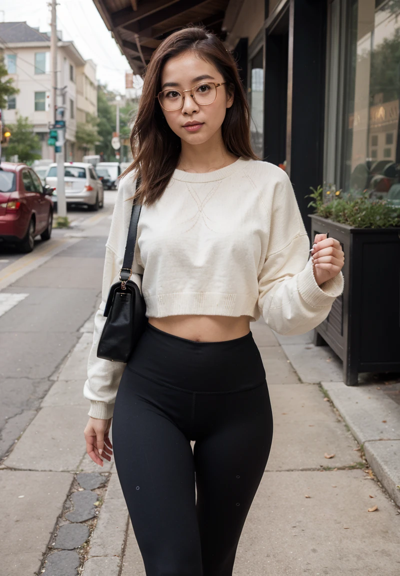 5'2 asian girl, bella porch, sexy, crop top sweater, yoga pants, panty line, uggs, candid photo, realistic, glasses, walking on street
