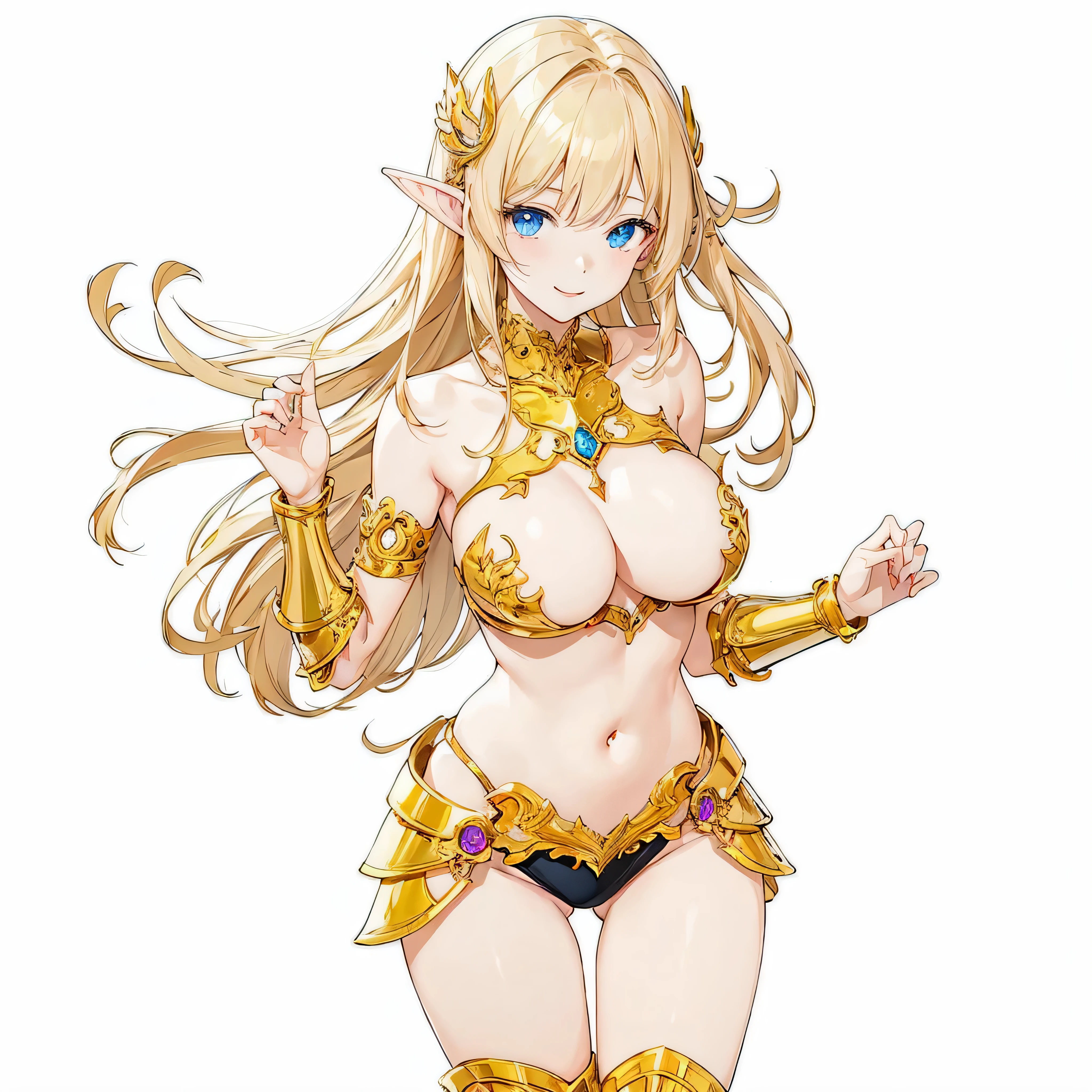 masterpiece、top-quality、ighly detailed、hight resolution、16k、fullnude、teats、Teetoob proportions、golden armour、Very thin skirt、Black pants、Very white skin、Beautiful fingers、Anime girl with very posing naked、Perfeyle、elvish、no-bra、Blonde blue-eyed、A smile、elvishの女の子、slim the contours