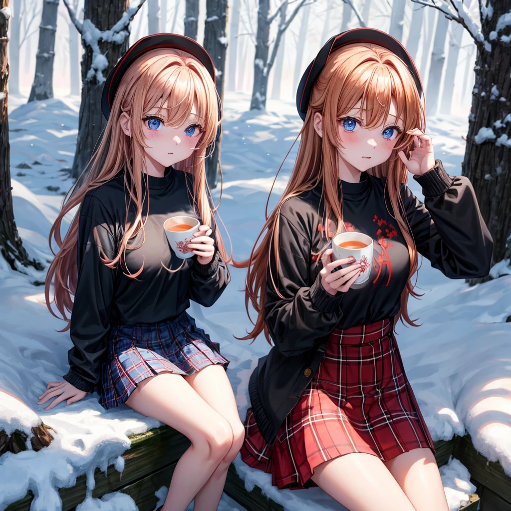 red blonde、blue eyess、one good looking girl、独奏、animesque、Plaid miniskirt、Black T-shirt、coat、the woods、Sunlight、Looks cold、Snow is piled up、drinking steaming tea、Upper Eyes、sitting on、kicking snow