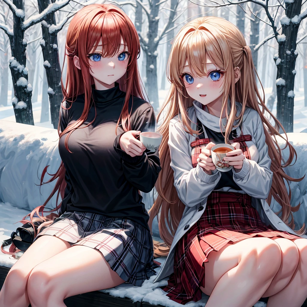 red blonde、blue eyess、one good looking girl、独奏、animesque、Plaid miniskirt、Black T-shirt、coat、the woods、Sunlight、Looks cold、Snow is piled up、drinking steaming tea、Upper Eyes、sitting on、kicking snow