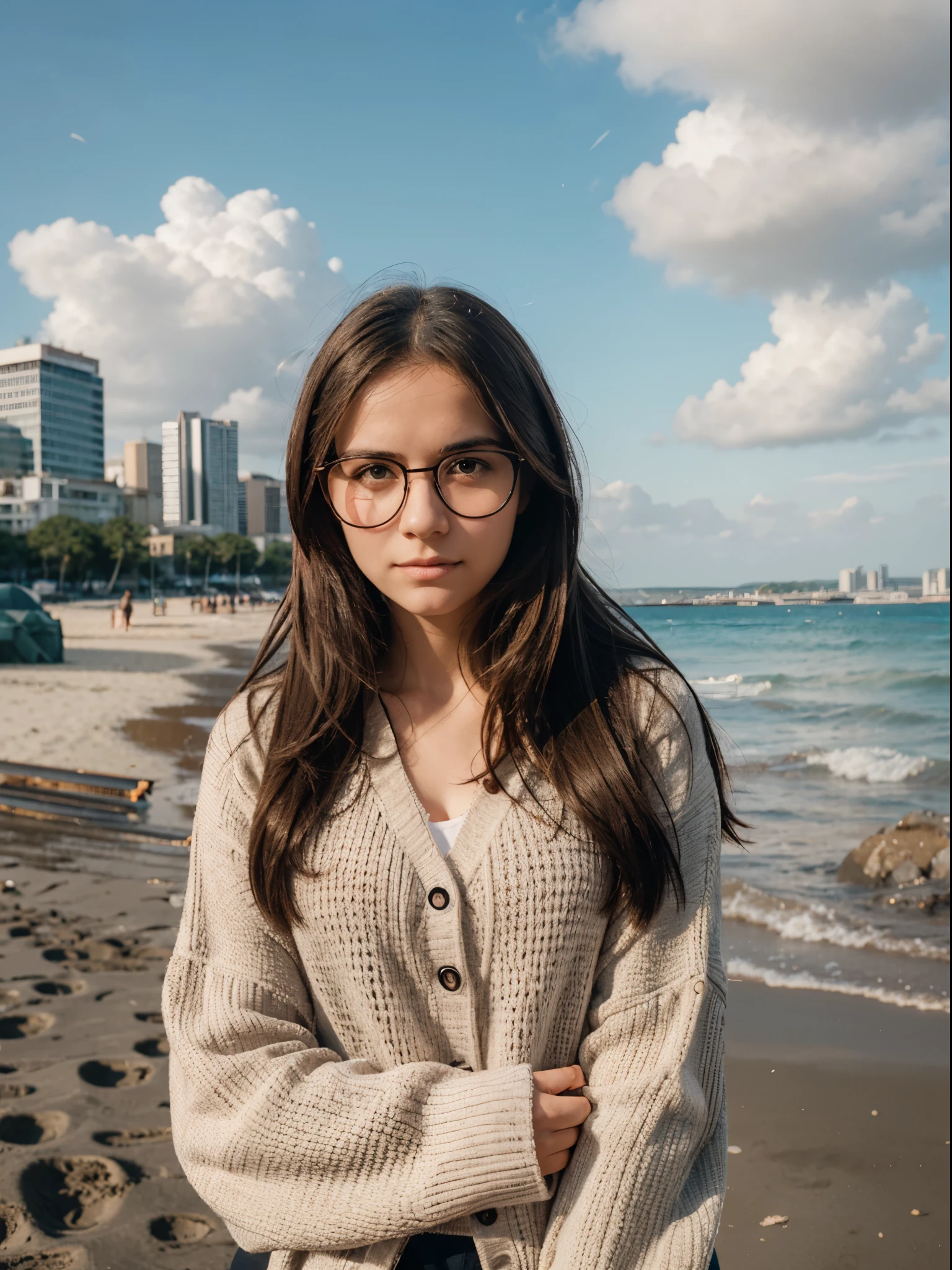 arafed woman wearing glasses on the beach with buildings in the background, a picture by Konrad Witz, shutterstock, realism, girl wearing round glasses, girl with glasses, big round glasses, wearing thin large round glasses, round glasses, wearing round glasses, wearing small round glasses, thin round glasses, in square-rimmed glasses, rounded eyeglasses