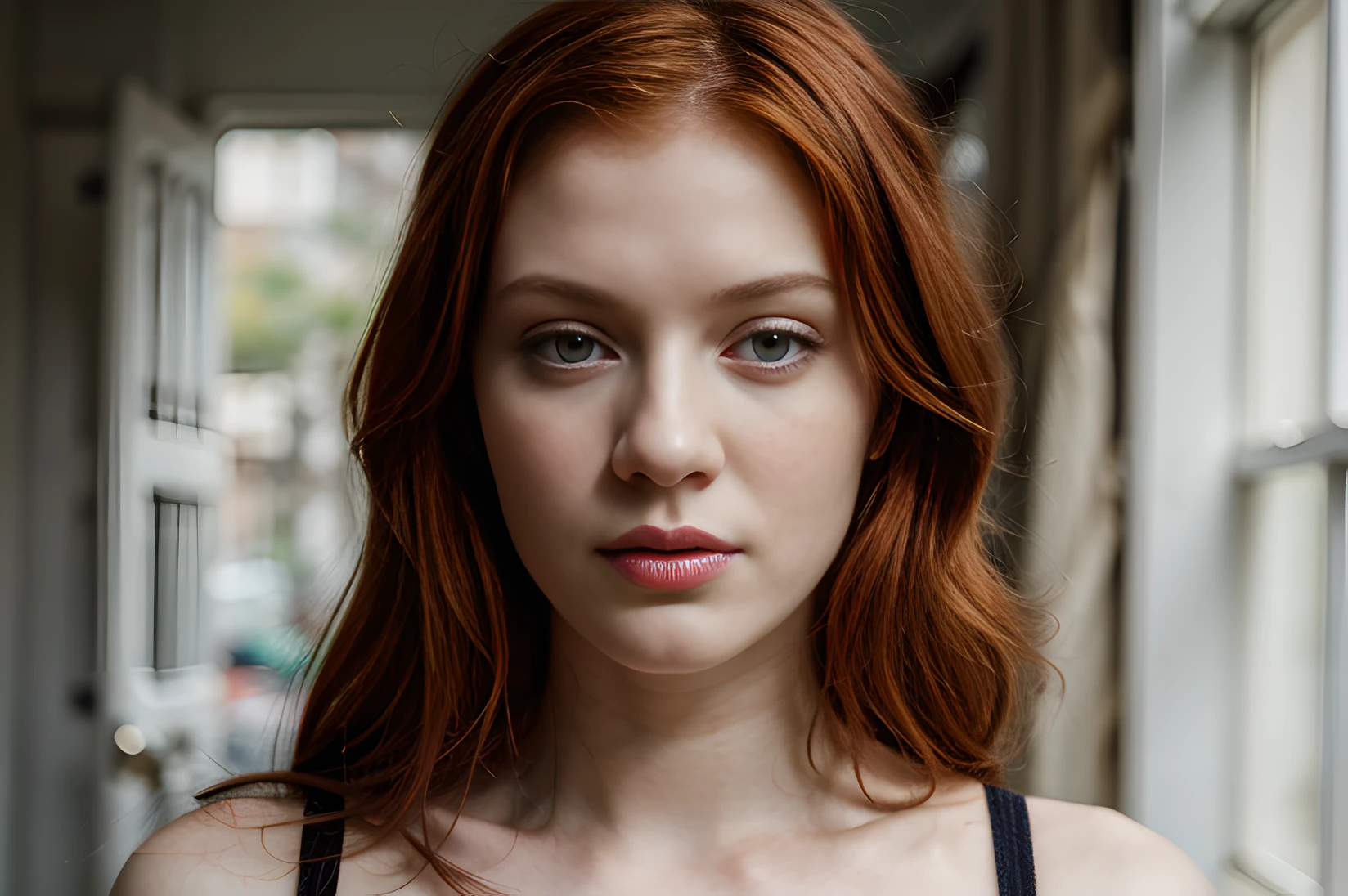 Red head, look on camera, pale skin, realistic, grey eyes, medium tits, portrait