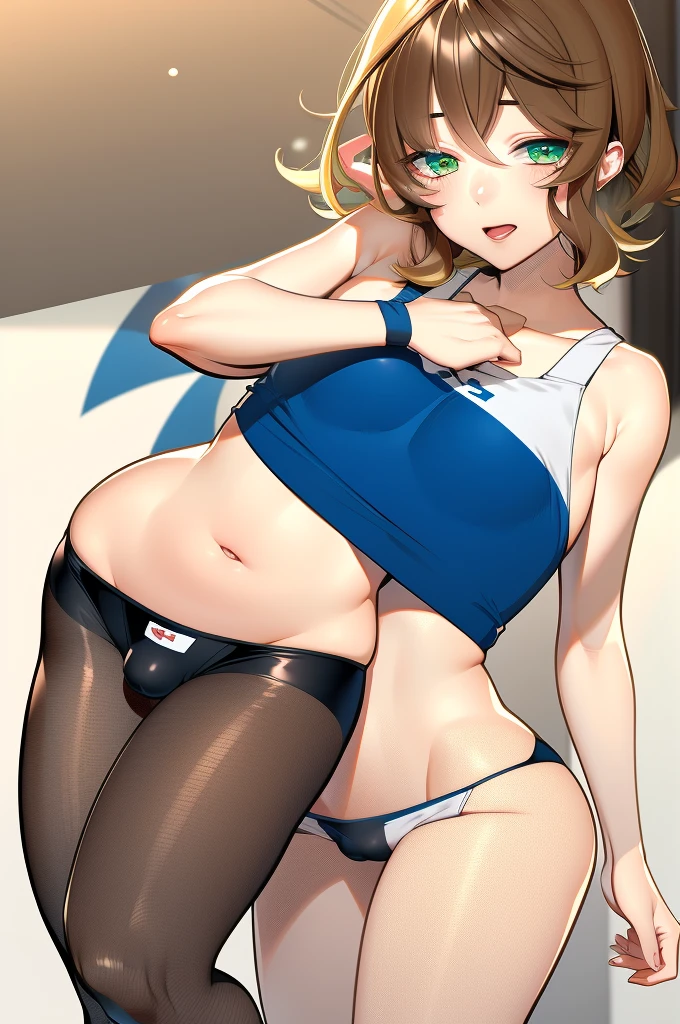amicia michella - nijisanji, anime style, 1boy, deep violet hair, short hair, wavy hair, crop top, midriff, girly face, blushed, seductive, wide hips, thick thighs, huge round ass, flat chested, (((full flat chest))), (((bulge))), full body, dynamic pose, office, absurdres, high res, ultrasharp, 8K, masterpiece, looking at viewer, CuteTraps