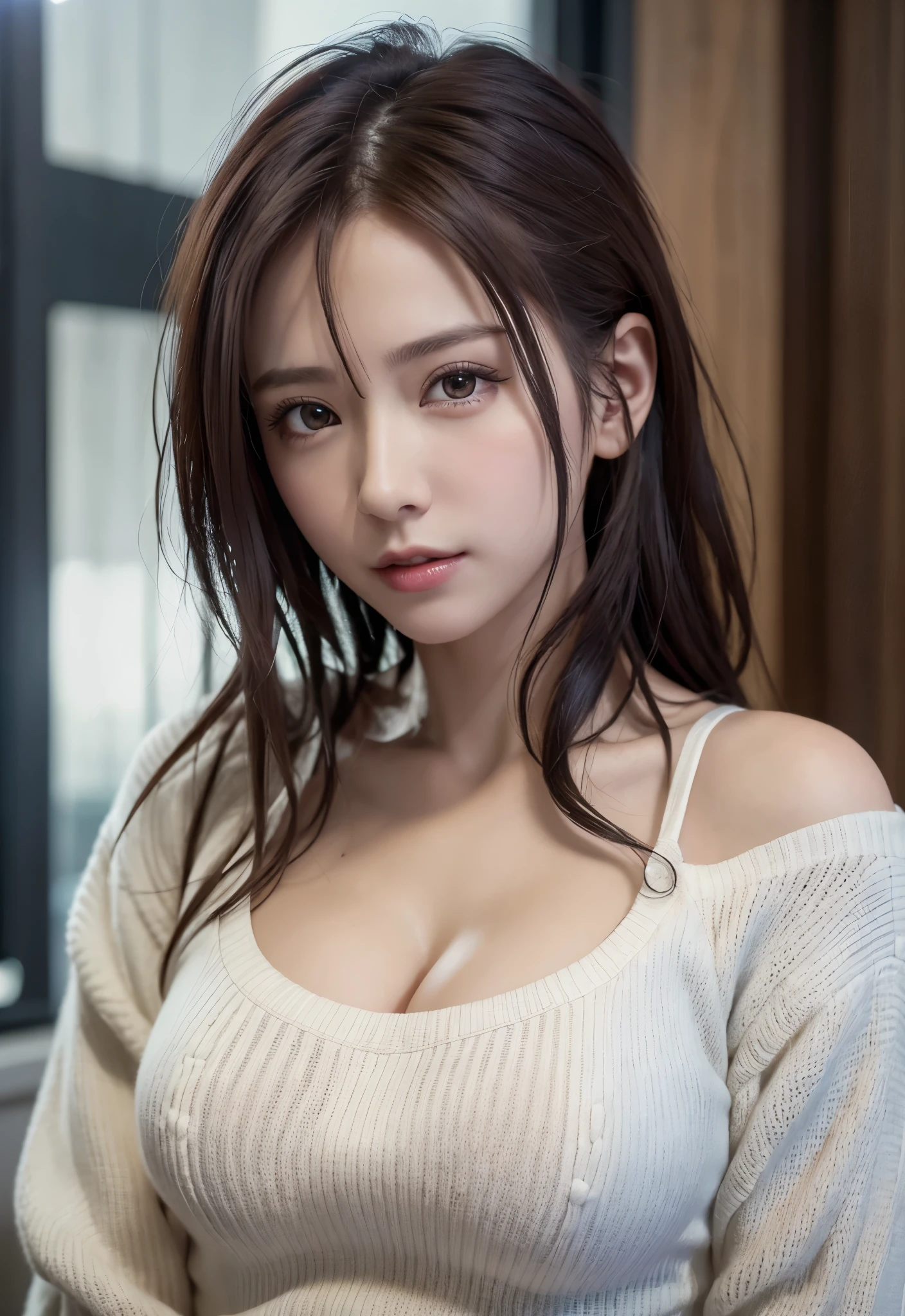 8K, of the highest quality, masutepiece:1.2), (Realistic, Photorealsitic:1.37), of the highest quality, masutepiece, Beautiful young woman, Pensive expression,、A charming、and an inviting look, Oversized knitwear、cleavage of the breast, Hair tied back, Cinematic background, Light skin tone