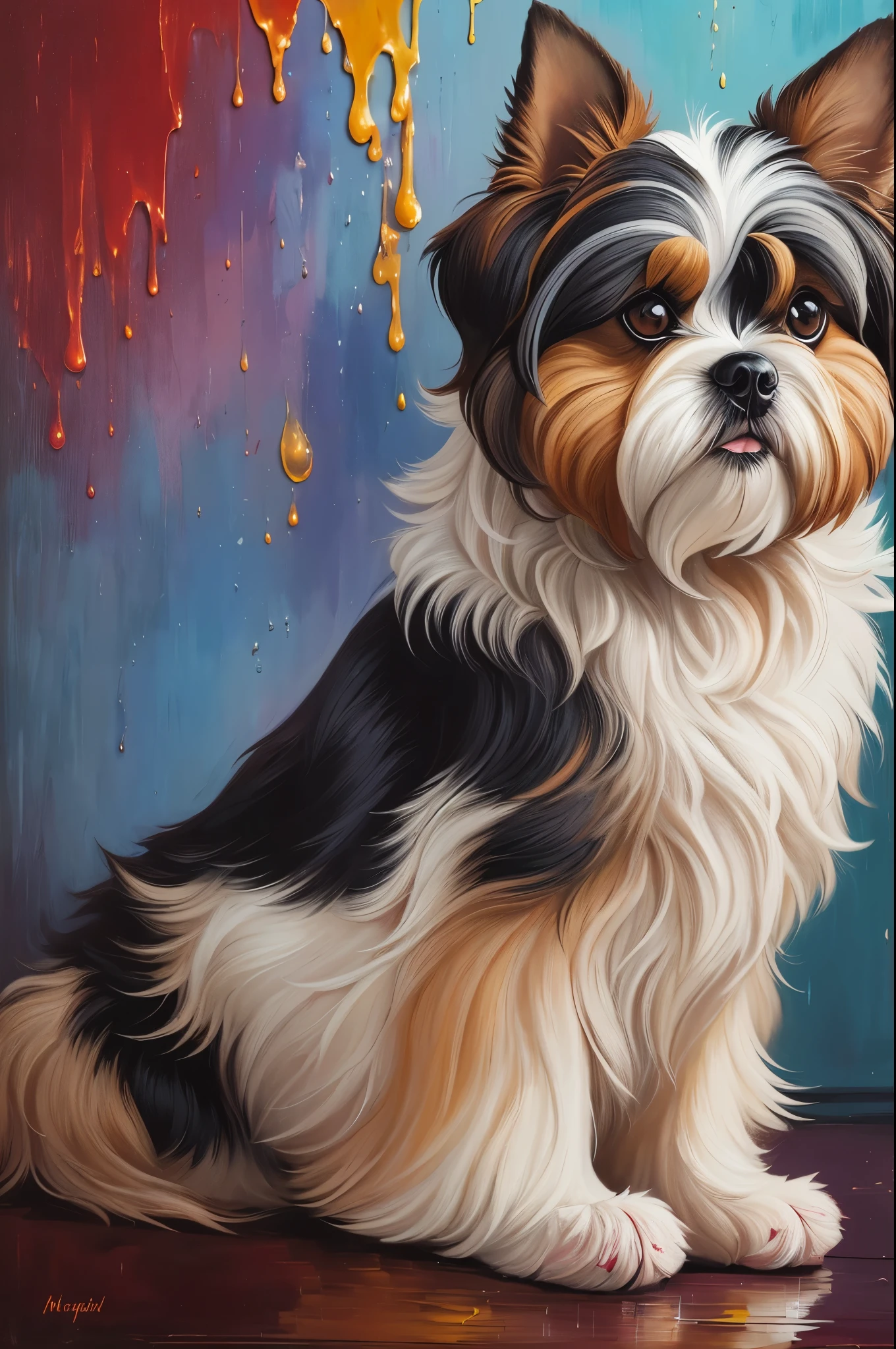 Shih Tzu, dripping rain paint, thick paint Detailed oil painting, palette knife painting, detailed impasto, --auto --s2